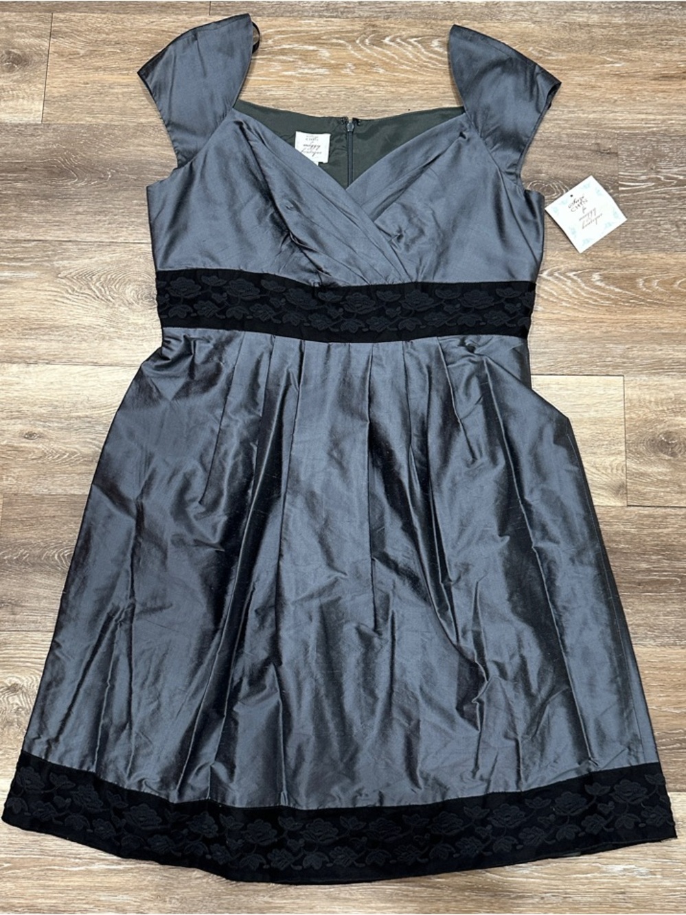 NWT! Suzi Chin Gunmetal Grey Dress with Black Lace